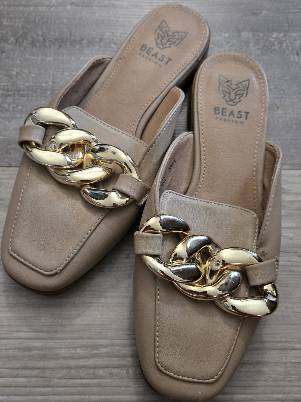 BEAST FASHION Beige Slip-On Mules with Gold Chain Accent